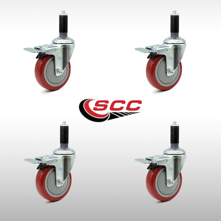 4 Inch SS Red Poly 1 Inch Expanding Stem Caster Set Total Lock Brake SCC